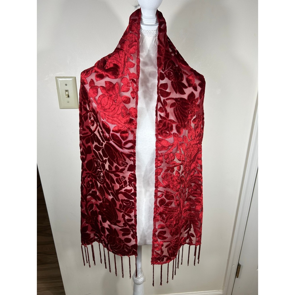 First Issue Burnout Velvet Scarf Womens RED Floral Devore 90s Grunge Romantic